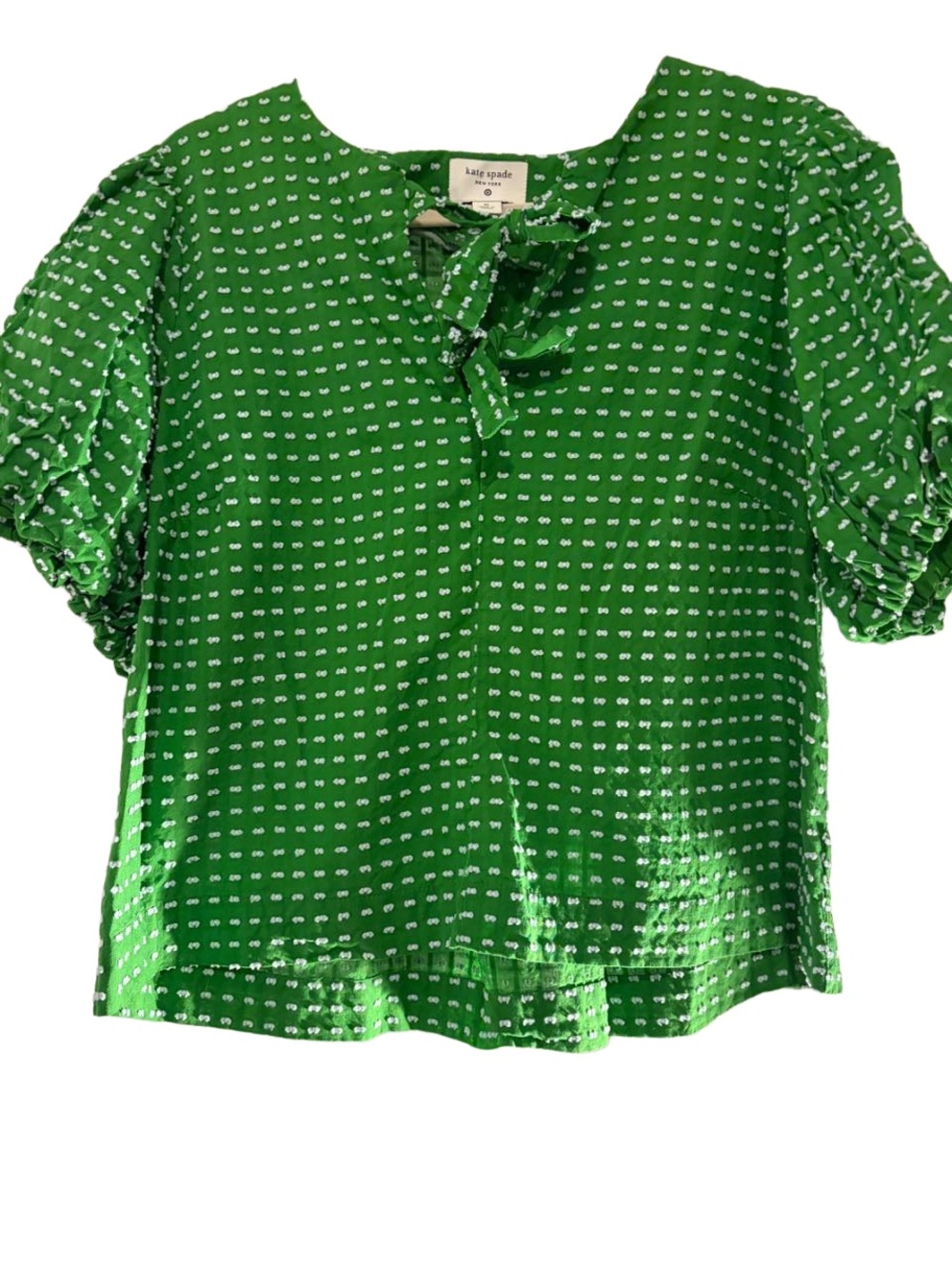 kate spade Green Tie-Front Puff Sleeve Blouse with White Micro-Dots